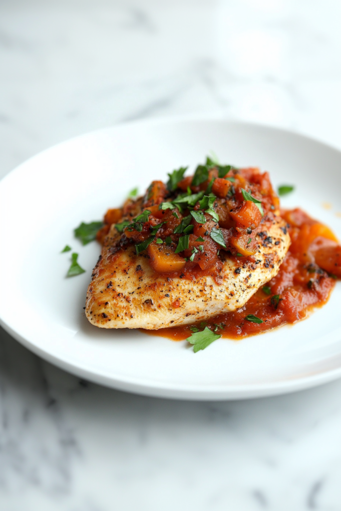 Golden breaded chicken breast topped with chunky tomato and roasted pepper sauce.