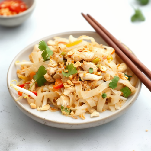 Savory chicken and noodle mix garnished with chili, scallions, and lime.
