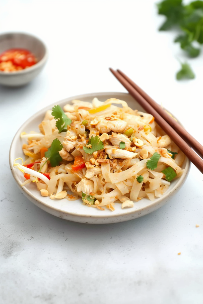 Savory chicken and noodle mix garnished with chili, scallions, and lime.