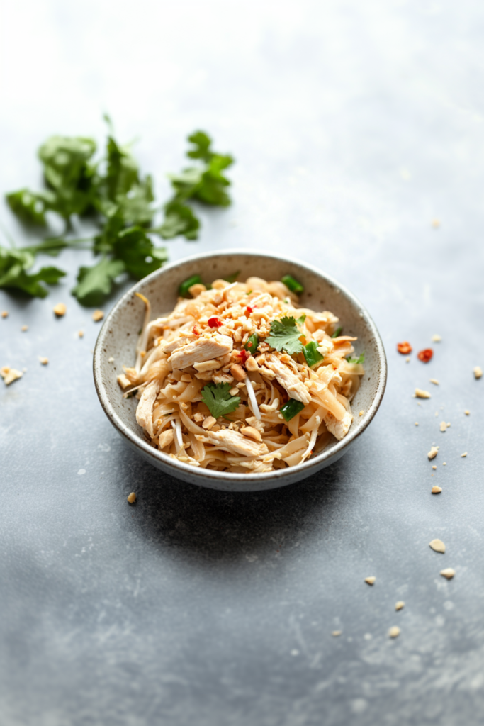 Bowl of stir-fried rice noodles with chicken, peanuts, and fresh herbs.
