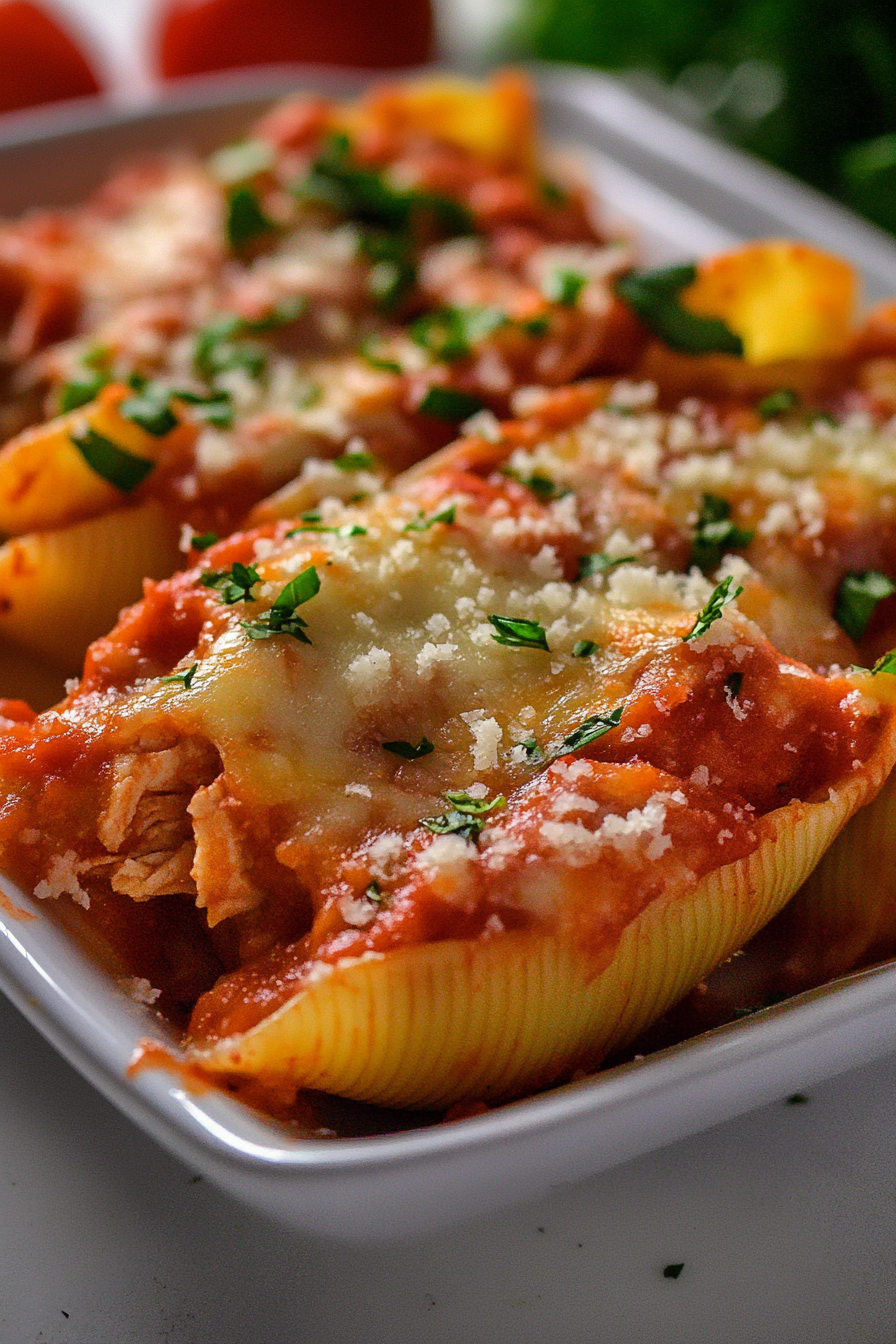 Creamy, cheesy filled pasta shells served hot with herbs sprinkled on top.