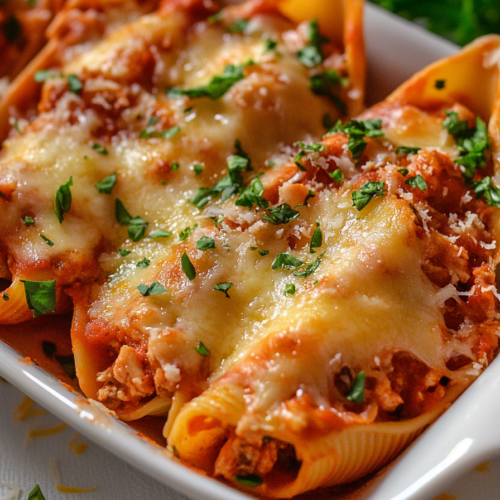 Large pasta shells packed with chicken and covered in bubbling golden cheese.