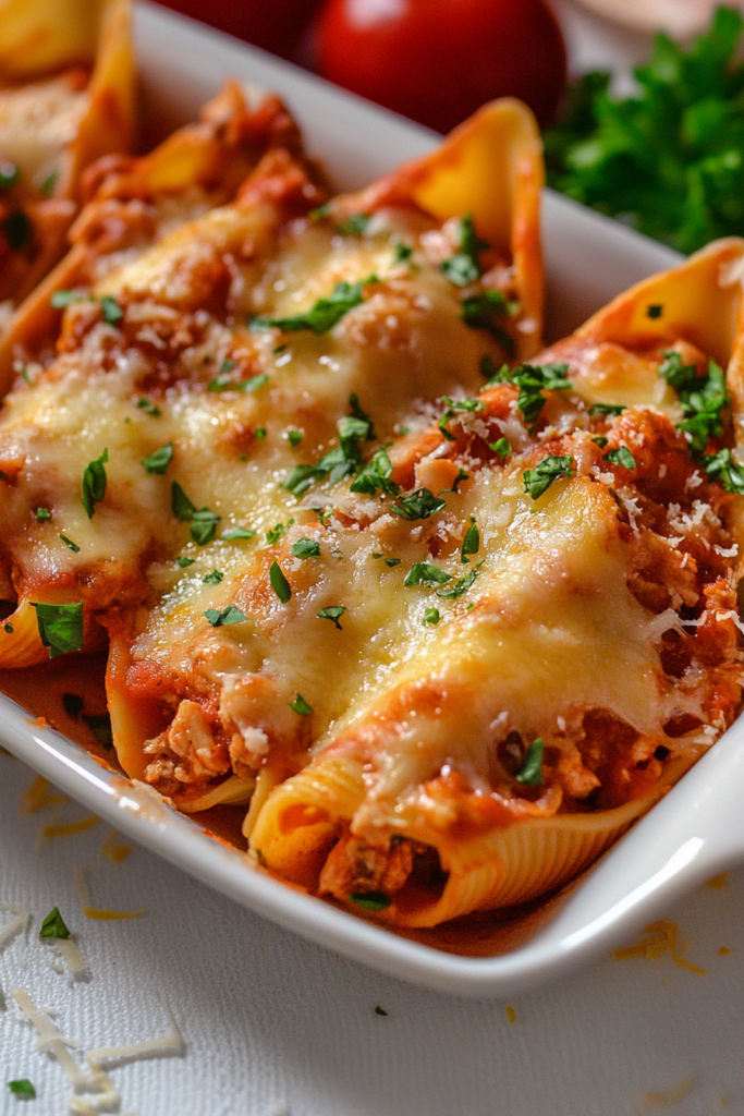 Large pasta shells packed with chicken and covered in bubbling golden cheese.