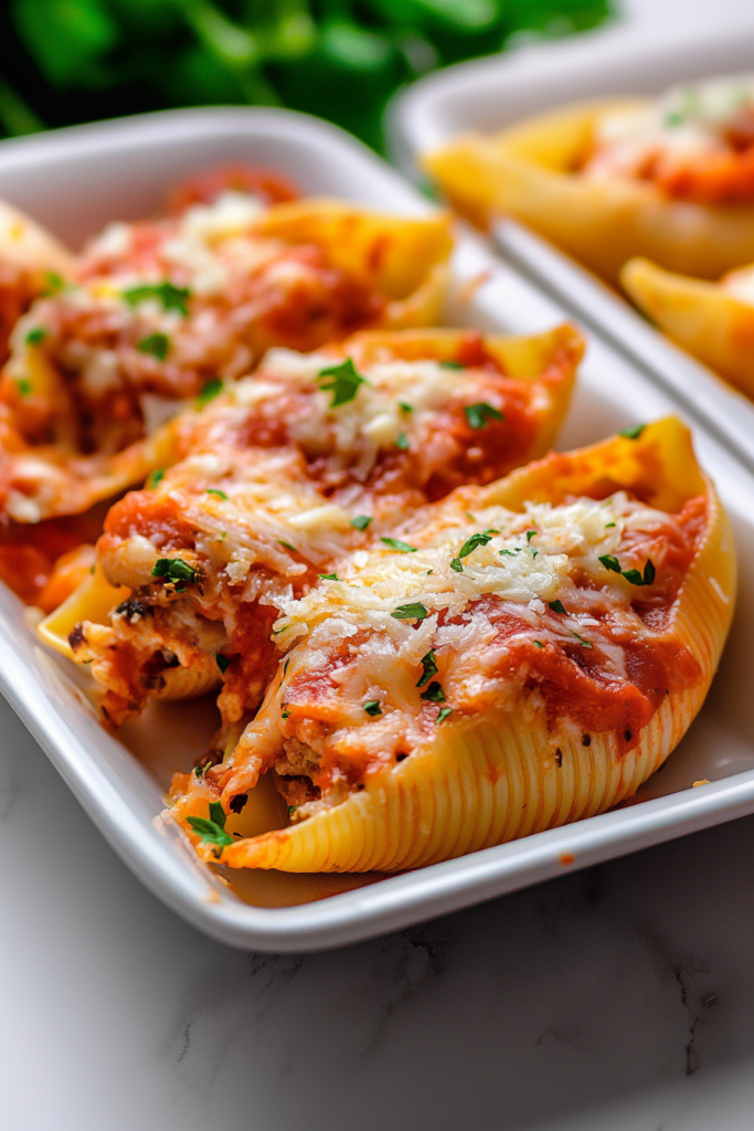 Cheesy stuffed shells in a baking dish garnished with chopped parsley.