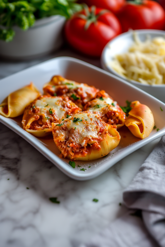 Baked pasta shells filled with chicken, topped with melted cheese and tomato sauce.