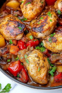 Hearty chicken and sausage entrรฉe with bell peppers and potatoes, served family-style.