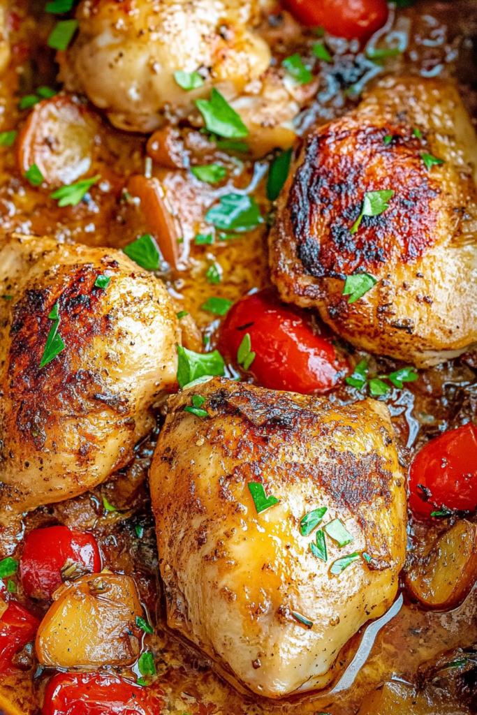 Final plated shot of Chicken Scarpariello, highlighting crisp skin and vibrant vegetables.