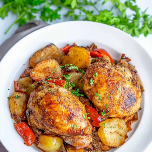 Golden-brown chicken pieces with roasted peppers, onions, and potatoes on a serving platter.