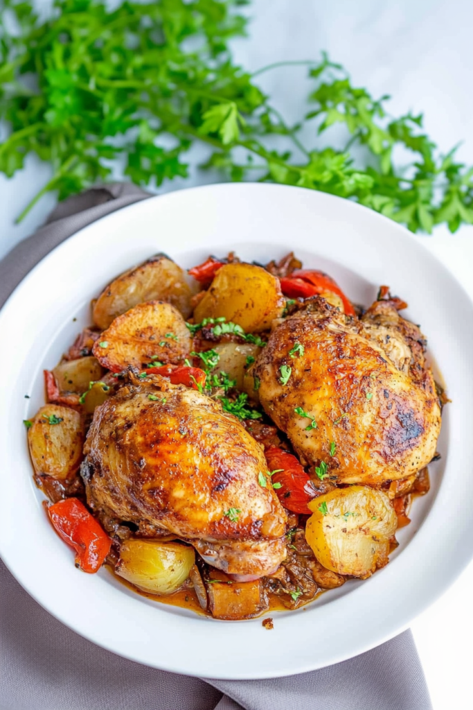 Golden-brown chicken pieces with roasted peppers, onions, and potatoes on a serving platter.