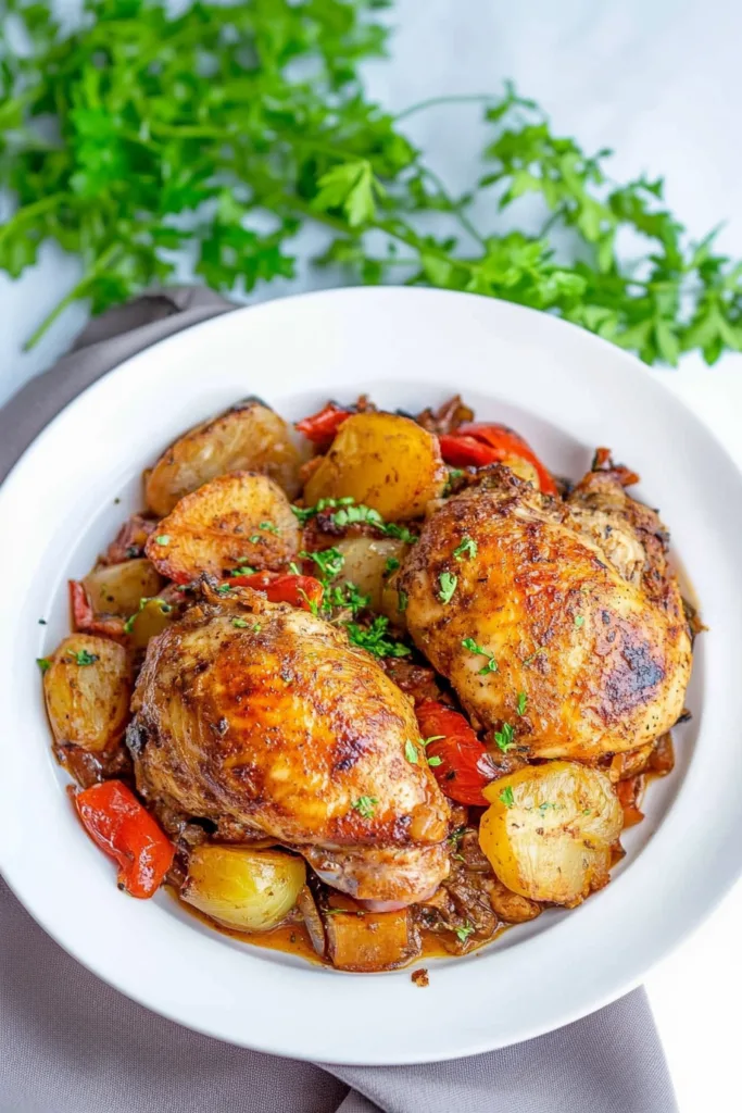 Golden-brown chicken pieces with roasted peppers, onions, and potatoes on a serving platter.