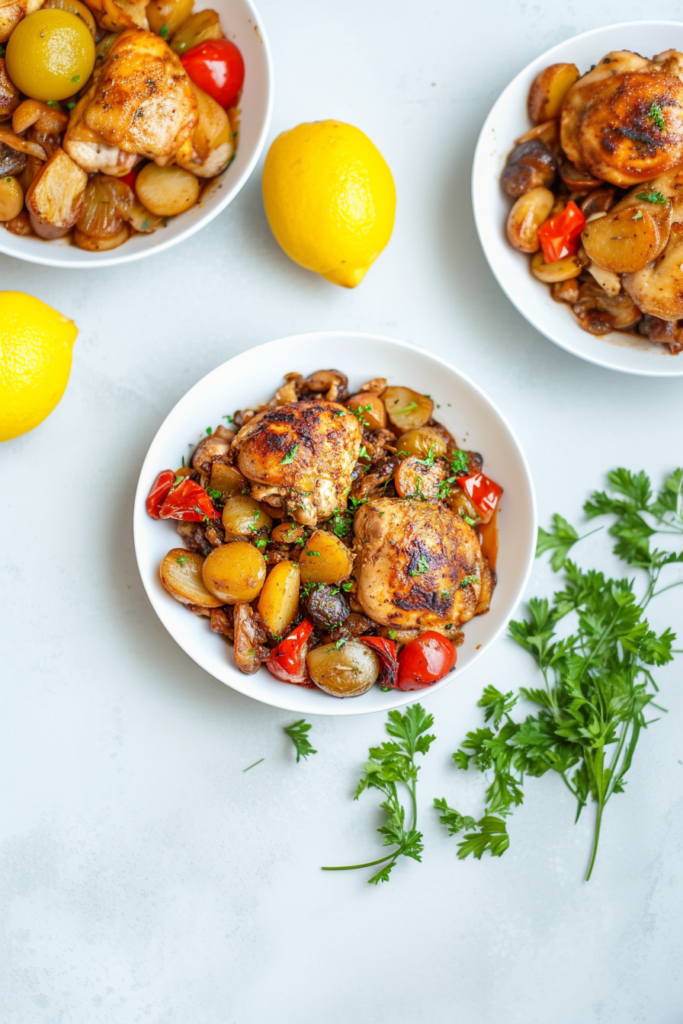 Rustic Italian-style chicken dish surrounded by colorful roasted vegetables.