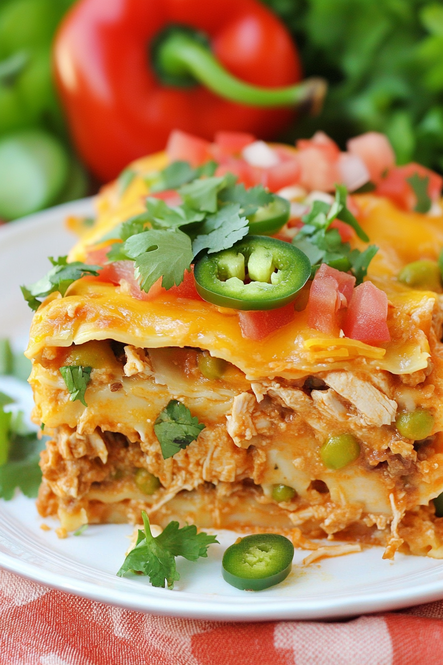 Golden baked lasagna-style dish with tortillas, chicken, and melted cheese.