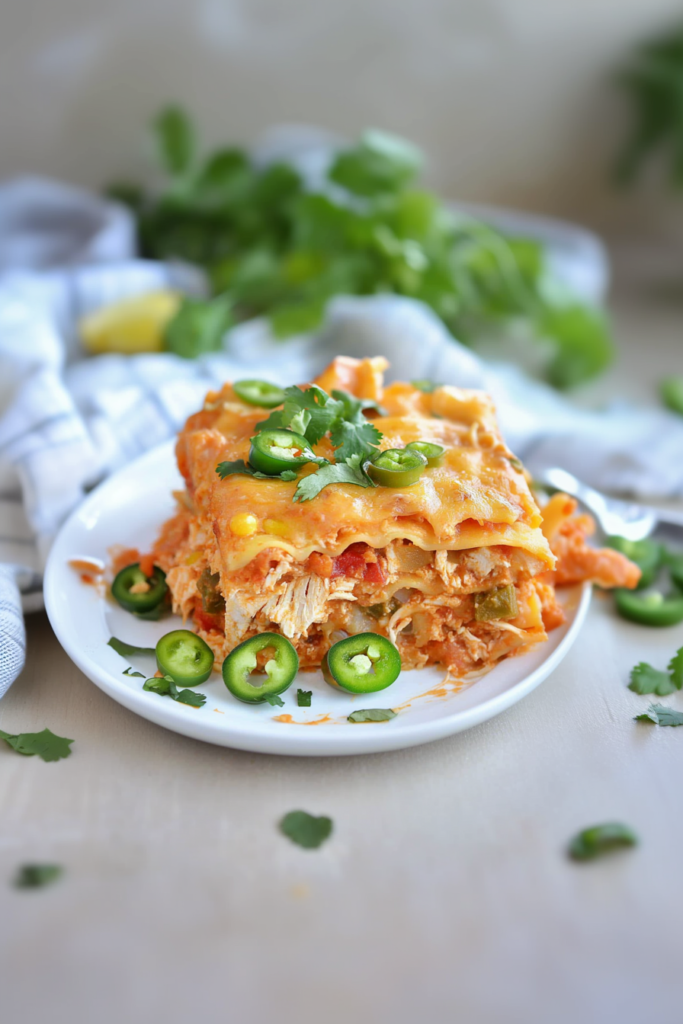 Slice of layered Mexican-inspired casserole served with vibrant fresh toppings.