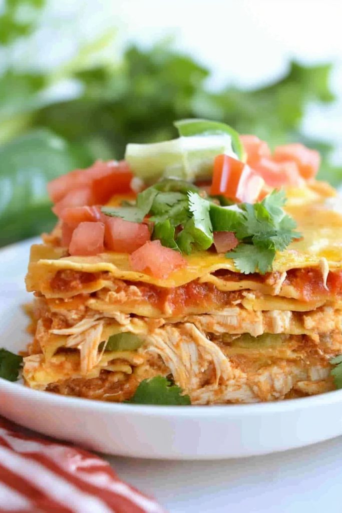 Final plated portion of a layered taco-style lasagna, rich in color and texture.