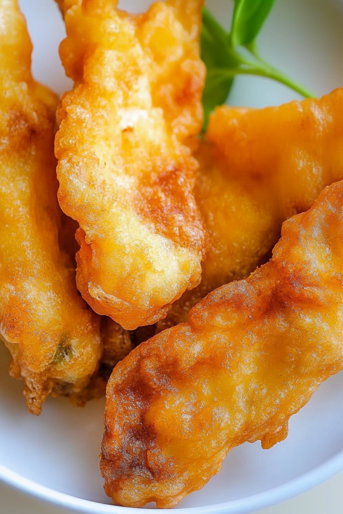 Golden-brown chicken strips arranged together, emphasizing the contrast between crunchy crust and soft center.