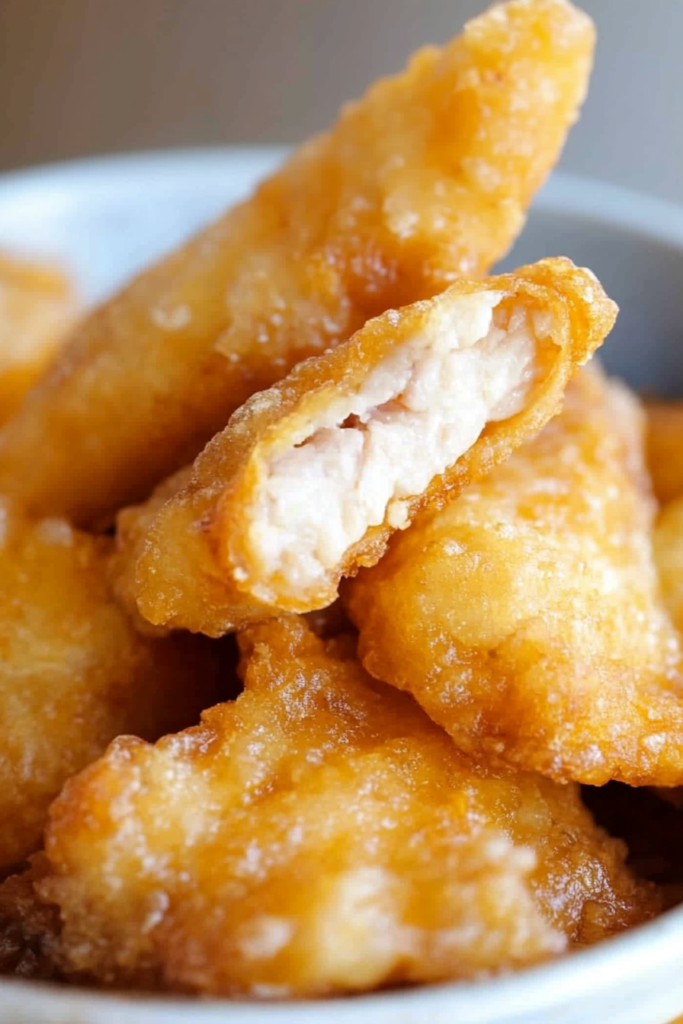 Plated fried chicken pieces with a textured batter coating and visible white meat inside.