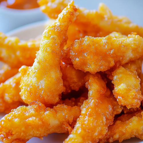 Final dish presentation of battered chicken tenders, highlighting the crisp texture and warm color.