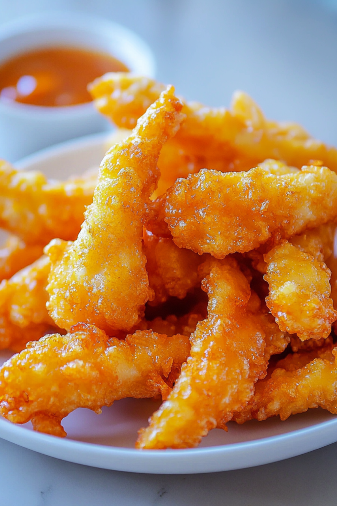 Final dish presentation of battered chicken tenders, highlighting the crisp texture and warm color.