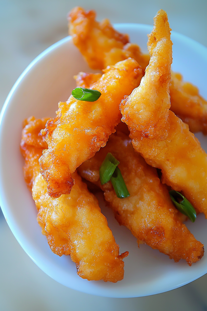 Crispy golden chicken strips stacked in a bowl, with one piece broken open to show tender meat inside.