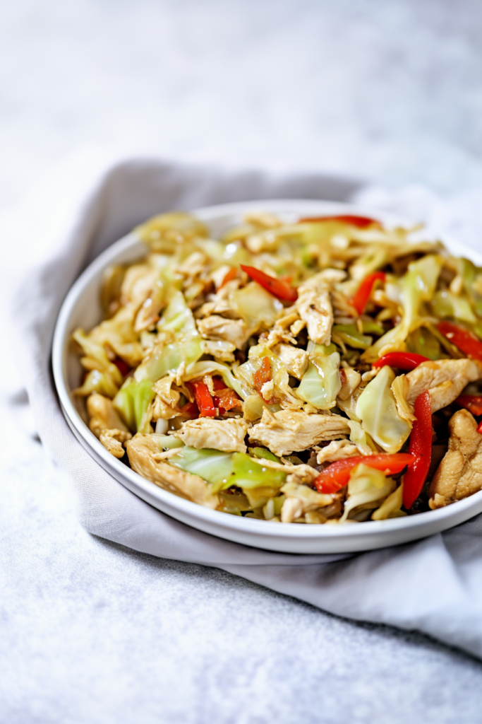 Hearty chicken and vegetable stir fry served warm in a white bowl