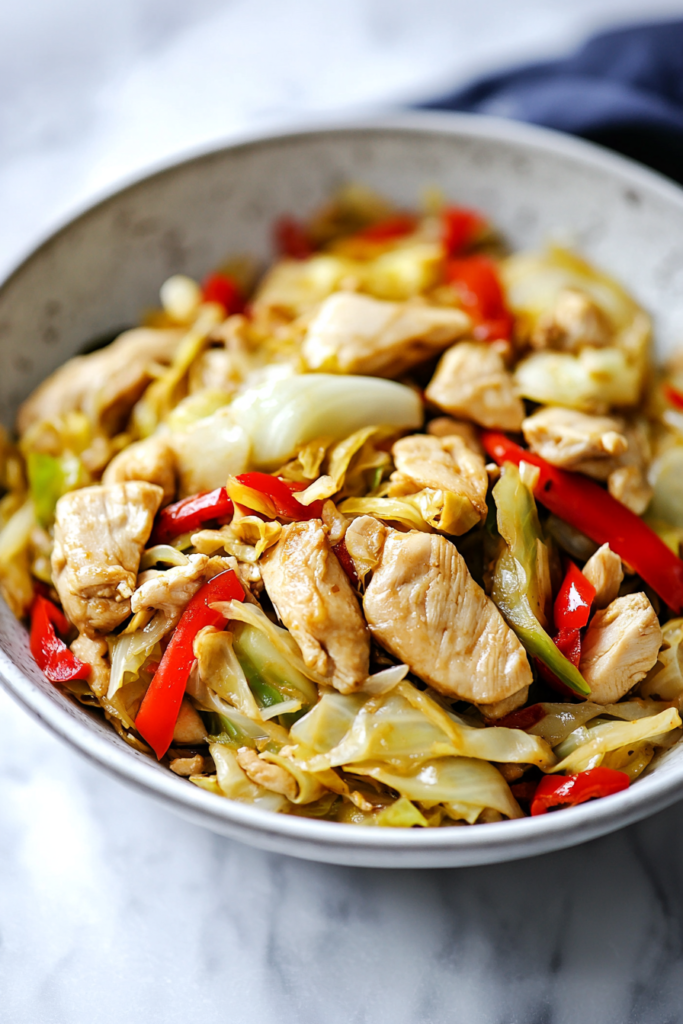 A bowl of stir-fried chicken with tender cabbage and colorful bell peppers