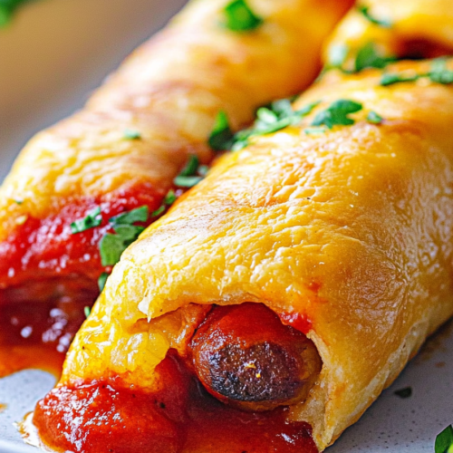 Cheesy baked sausage dish served hot, with golden crust and savory tomato topping.