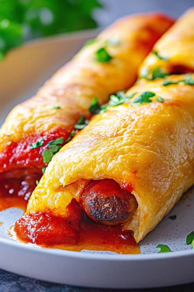 Cheesy baked sausage dish served hot, with golden crust and savory tomato topping.