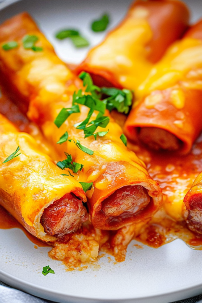 Dinner plate featuring crisp pastry dogs with bubbling cheese and vibrant red sauce.
