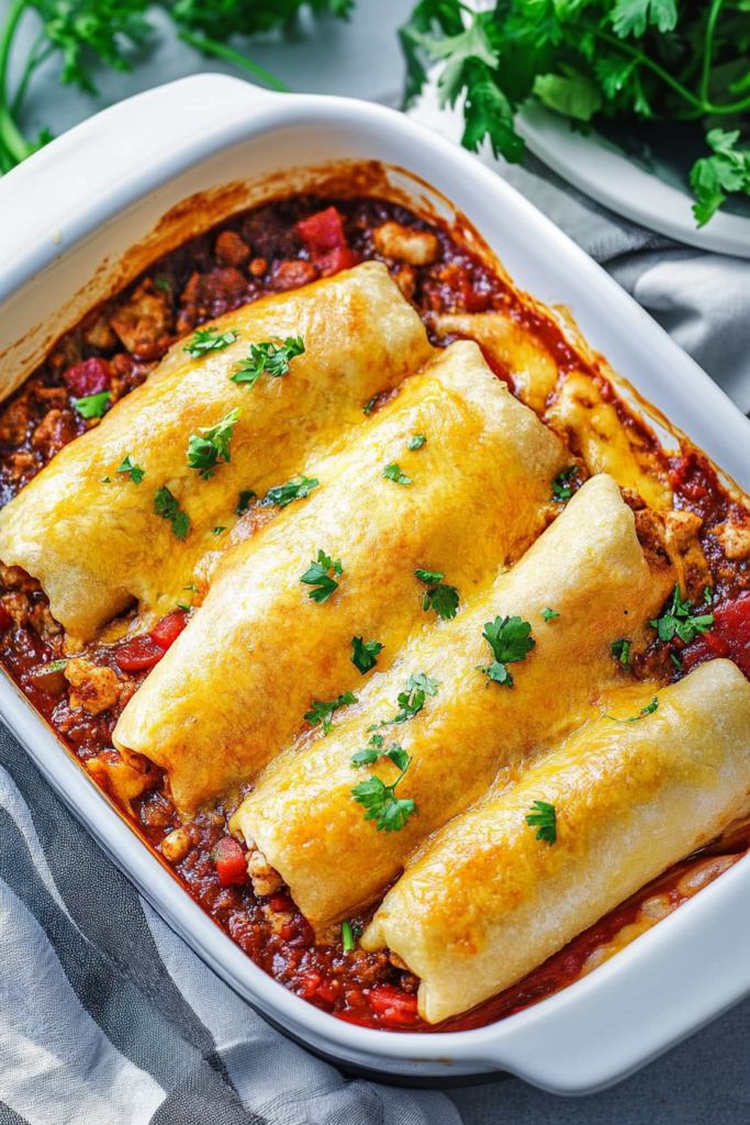 Golden baked pastry-wrapped sausages topped with melted cheese and tomato sauce, garnished with fresh herbs.