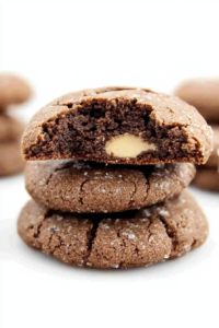 Homemade chocolate cookies with a gooey peanut butter filling, stacked for serving.