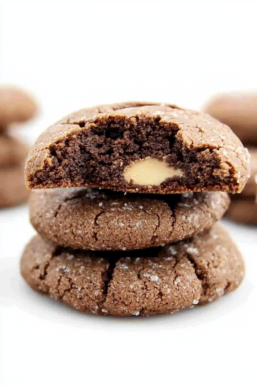 Homemade chocolate cookies with a gooey peanut butter filling, stacked for serving.