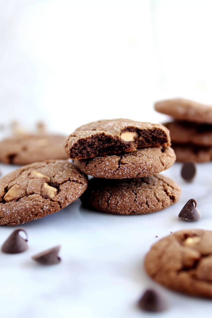 Thick chocolate cookie broken open to reveal a creamy nut butter center.