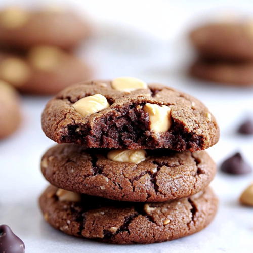 Soft chocolate cookies with a creamy peanut butter center stacked on a white background.