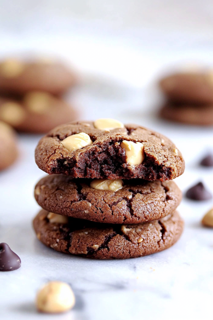 Soft chocolate cookies with a creamy peanut butter center stacked on a white background.