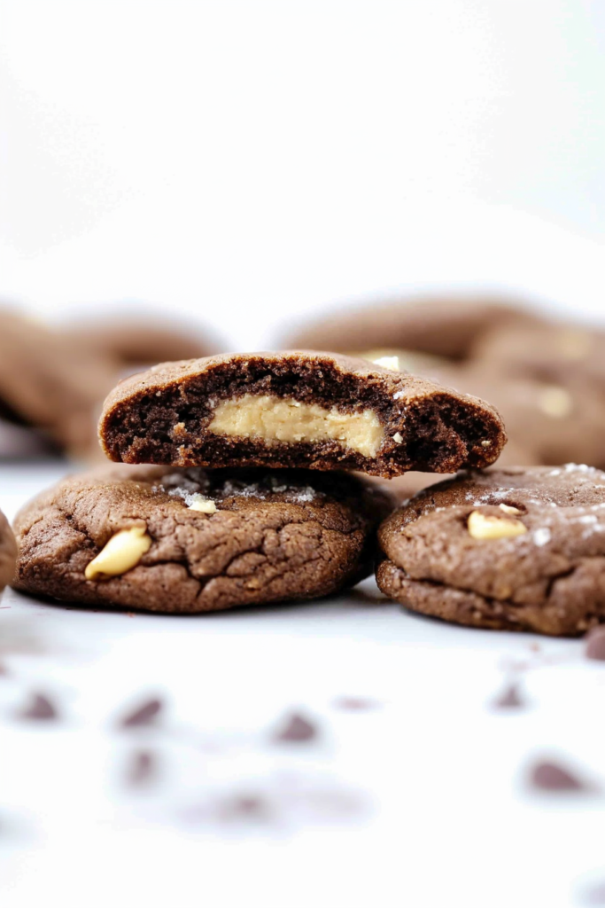 Cracked cocoa cookies showing a smooth nutty filling inside.