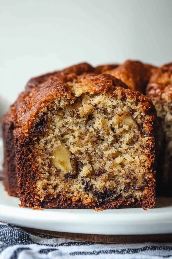 Final plated shot of Chrissy Teigen’s Banana Bundt Bread, highlighting crust and soft interior