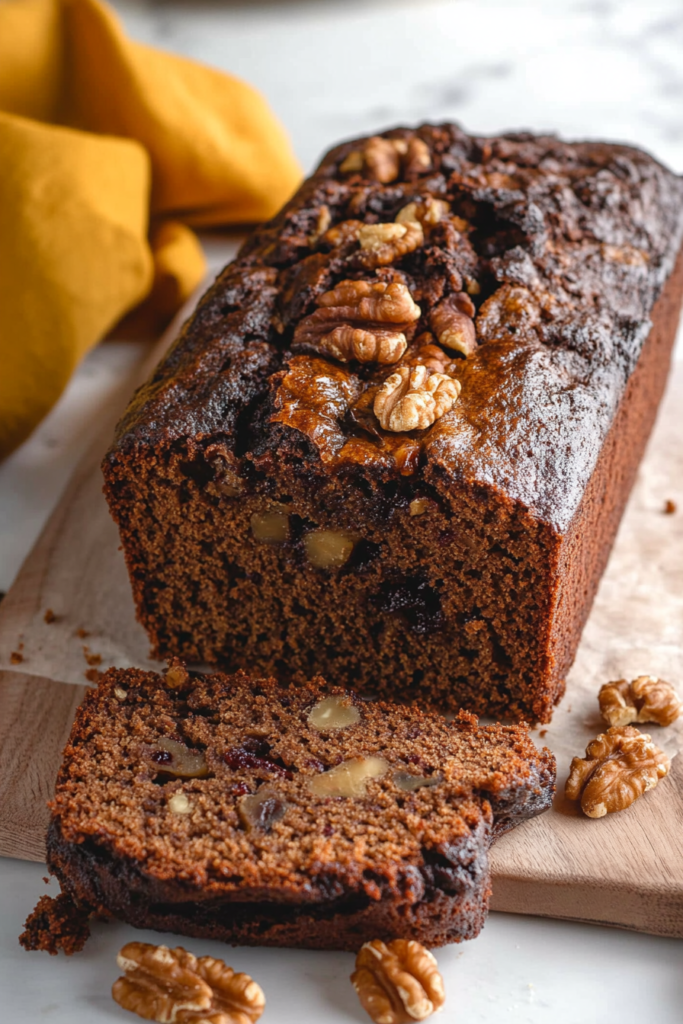 Golden-brown cake surrounded by walnut halves, styled with cozy seasonal props.