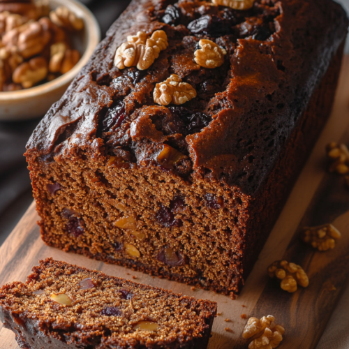 Dark, rich loaf cake topped with walnut pieces, set on a rustic wooden surface.