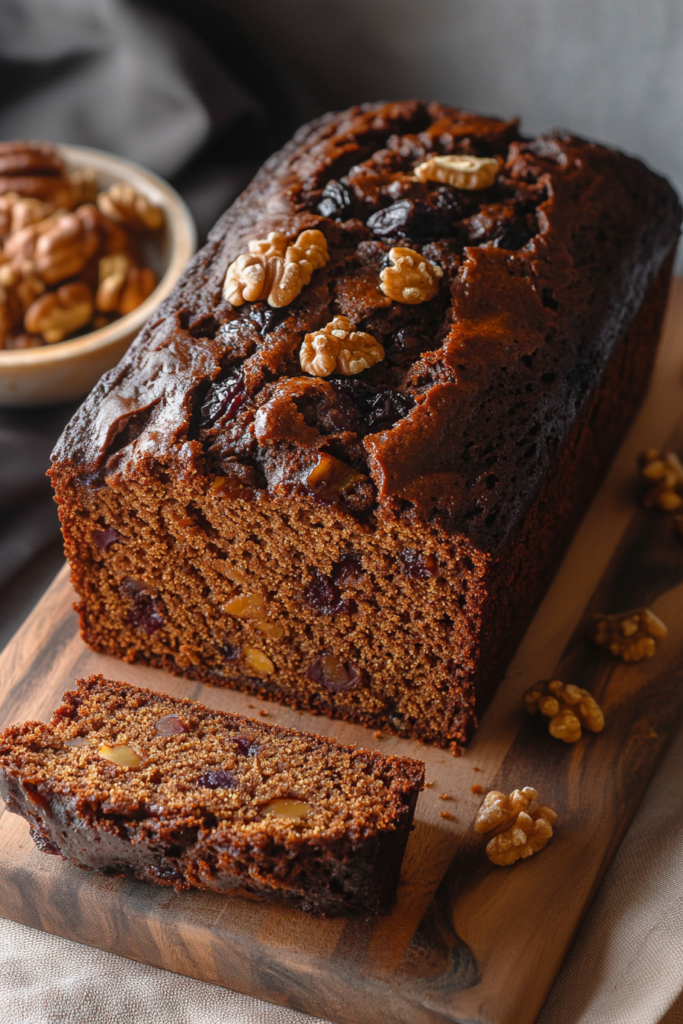 Dark, rich loaf cake topped with walnut pieces, set on a rustic wooden surface.