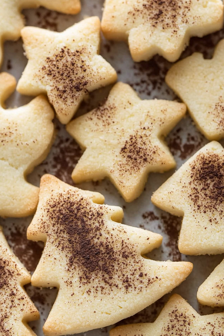 Golden star-shaped cookies dusted lightly with cocoa powder, arranged on a baking sheet.