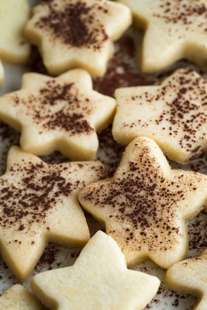 Assorted shortbread cookies in seasonal shapes, golden brown with subtle spiced dusting.