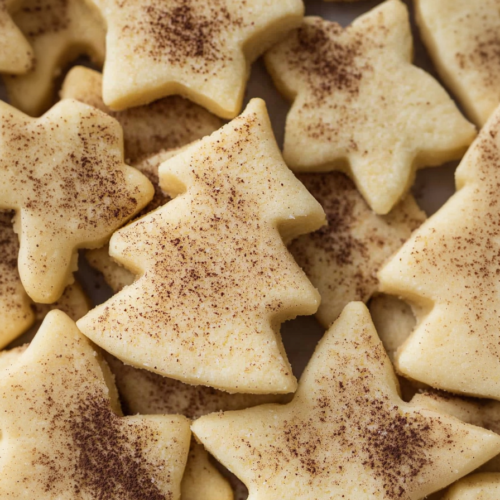 Overhead shot of baked sugar cookies styled simply, evoking a cozy holiday atmosphere.