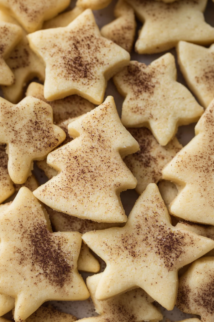 Overhead shot of baked sugar cookies styled simply, evoking a cozy holiday atmosphere.