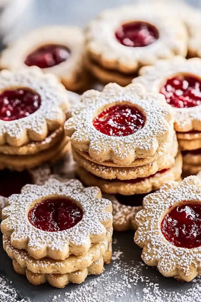 Close-up of Christmas Linzer Cookies showing their delicate cutout design and festive jam filling.
