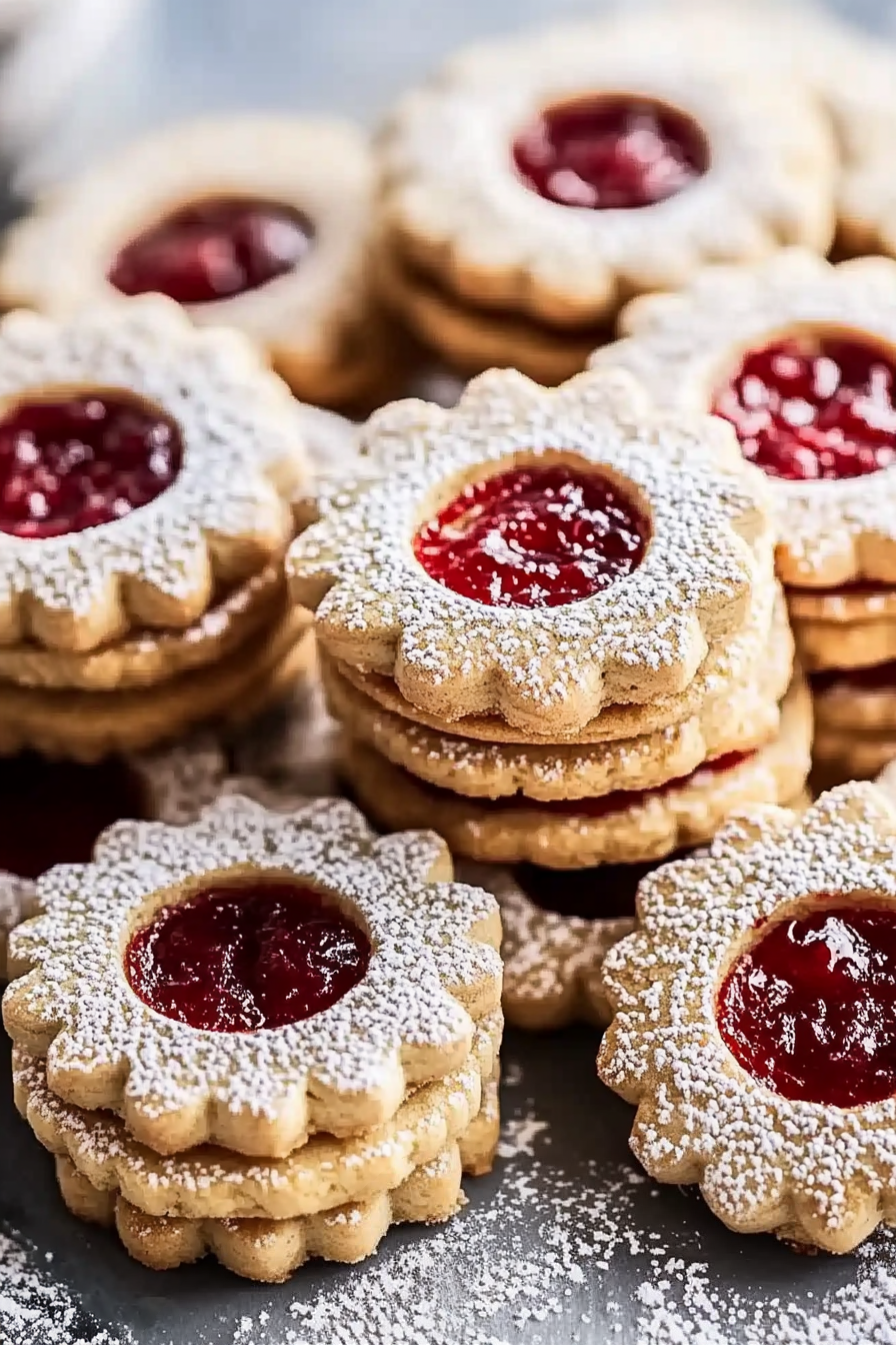 Close-up of Christmas Linzer Cookies showing their delicate cutout design and festive jam filling.