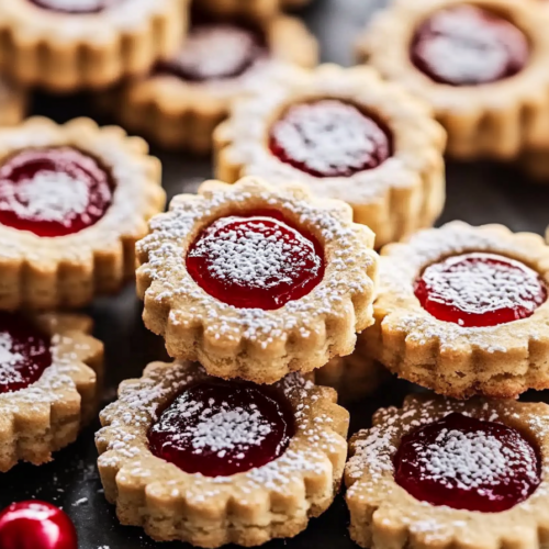 Golden cookies arranged on a plate, highlighting the contrast between powdered sugar and ruby jam.