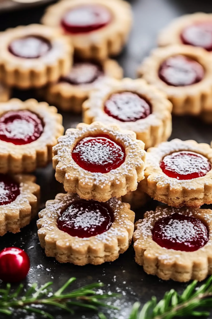 Golden cookies arranged on a plate, highlighting the contrast between powdered sugar and ruby jam.
