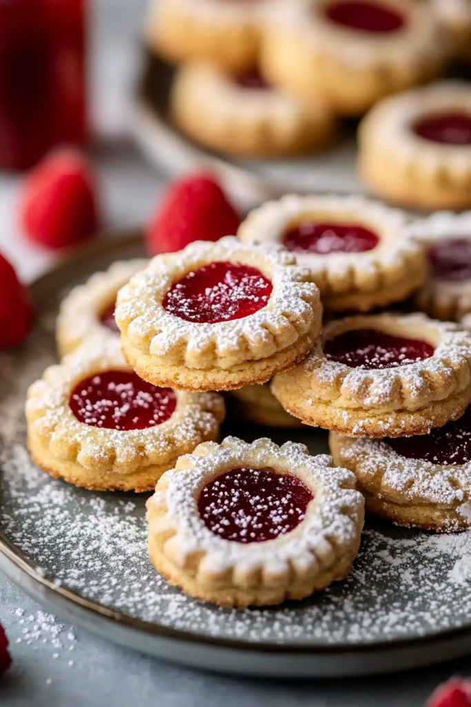 Festive cookies displayed with berries in the background, emphasizing their holiday charm.