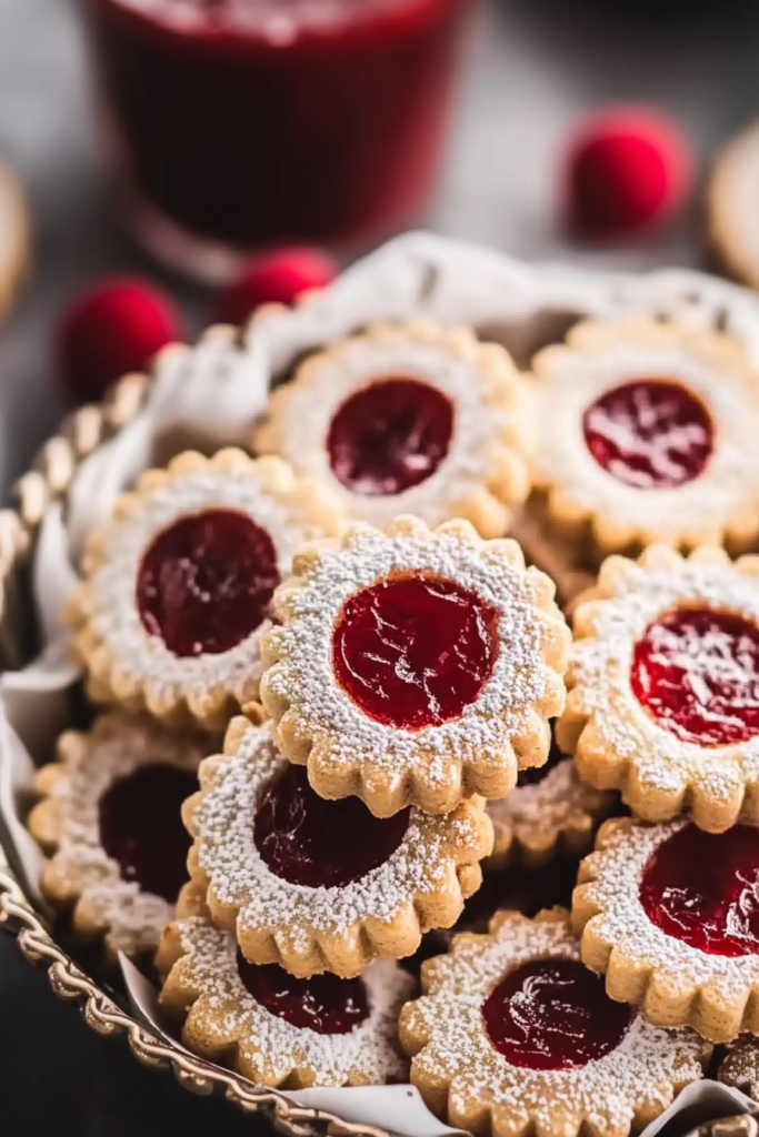 Scalloped cookies dusted with powdered sugar, filled with bright red jam in the center.