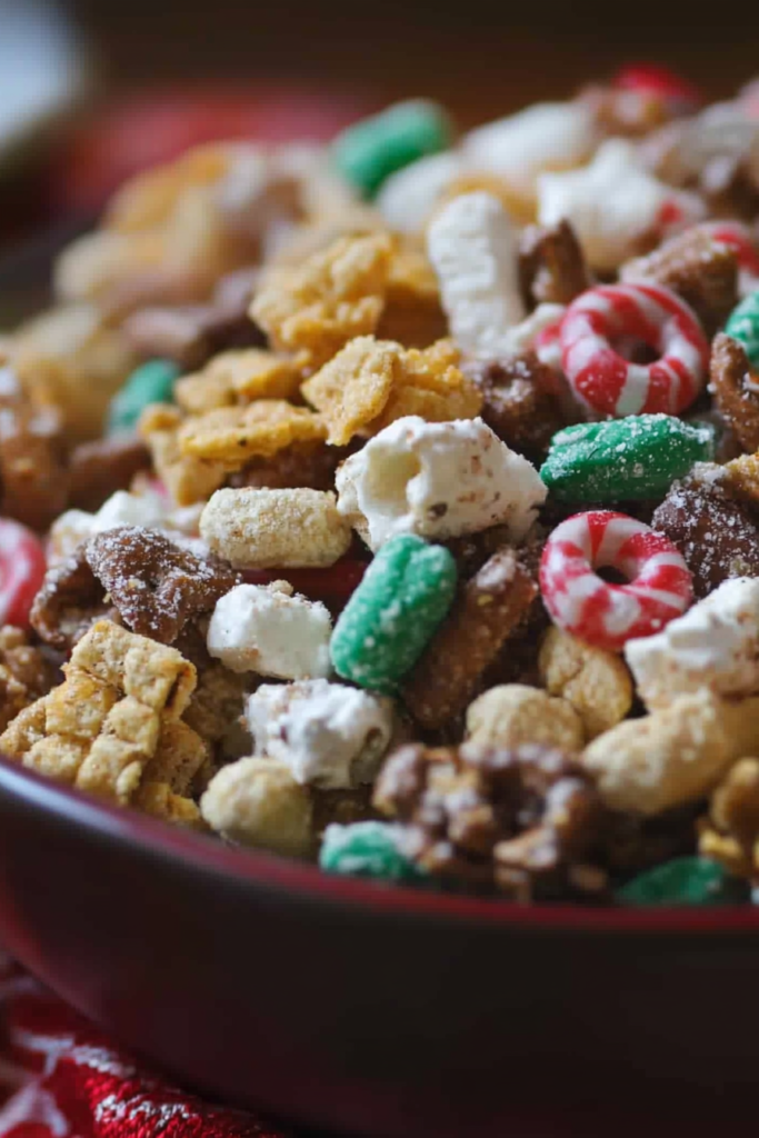 Sweet and salty snack mix piled high, highlighting its crunchy texture and holiday colors.